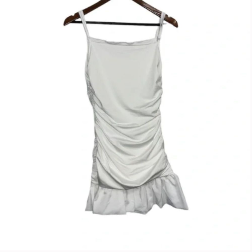 White Ruched Bodycon Sleeveless Dress with Ruffle Hem